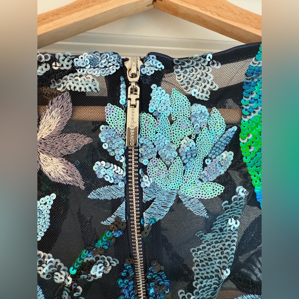 NWOT BRONX AND BANCO ZINNA EMBROIDERED EVENING Blue and Green Floral DRESS - Picture 12 of 13
